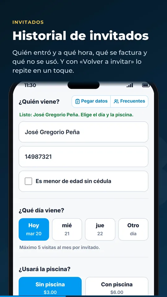 Historial de invitados en la app del socio