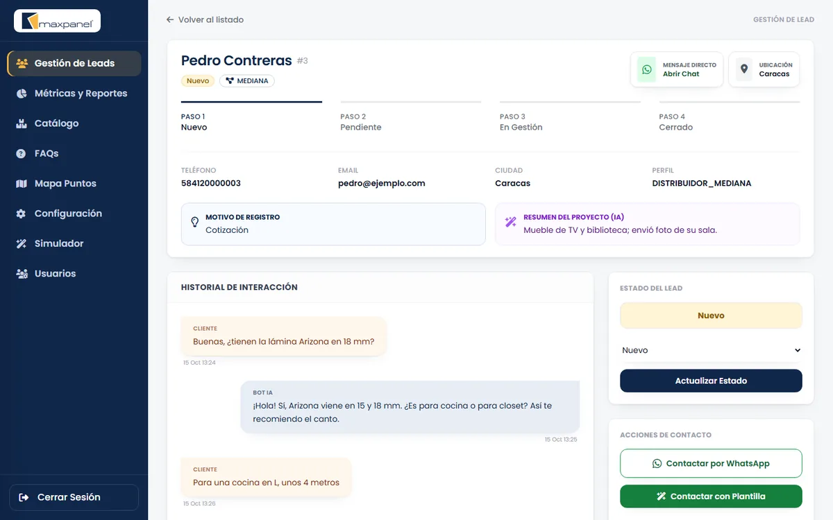 Ficha de un cliente con la conversación del bot