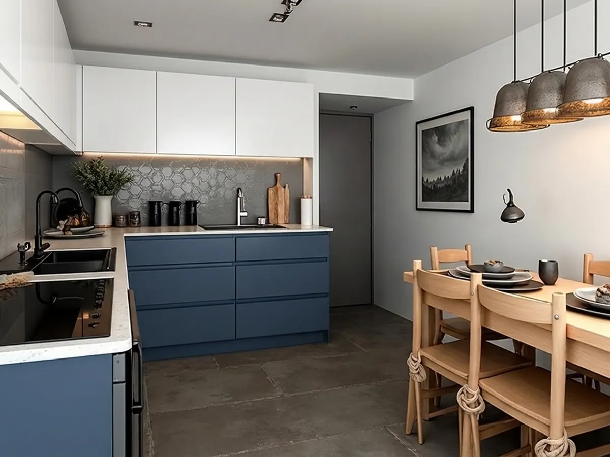 La misma cocina con altos Blanco Ártico y bajos Azul Midnight