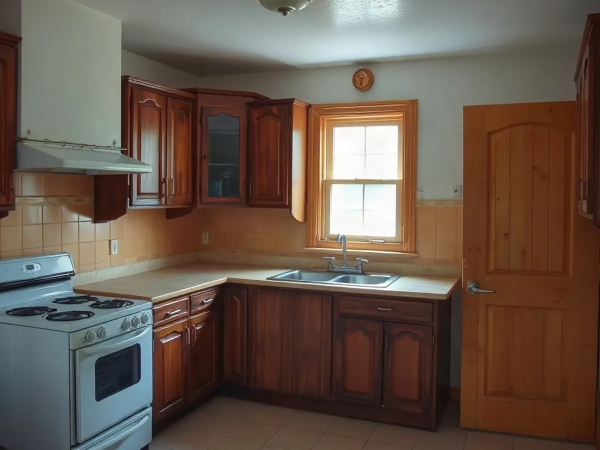 Cocina vieja con gabinetes de madera oscura