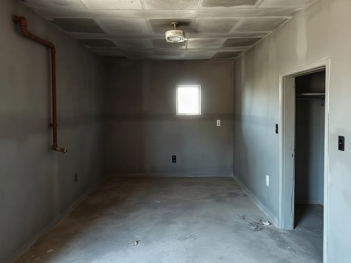 Cuarto en obra gris con puerta y ventana pequeña