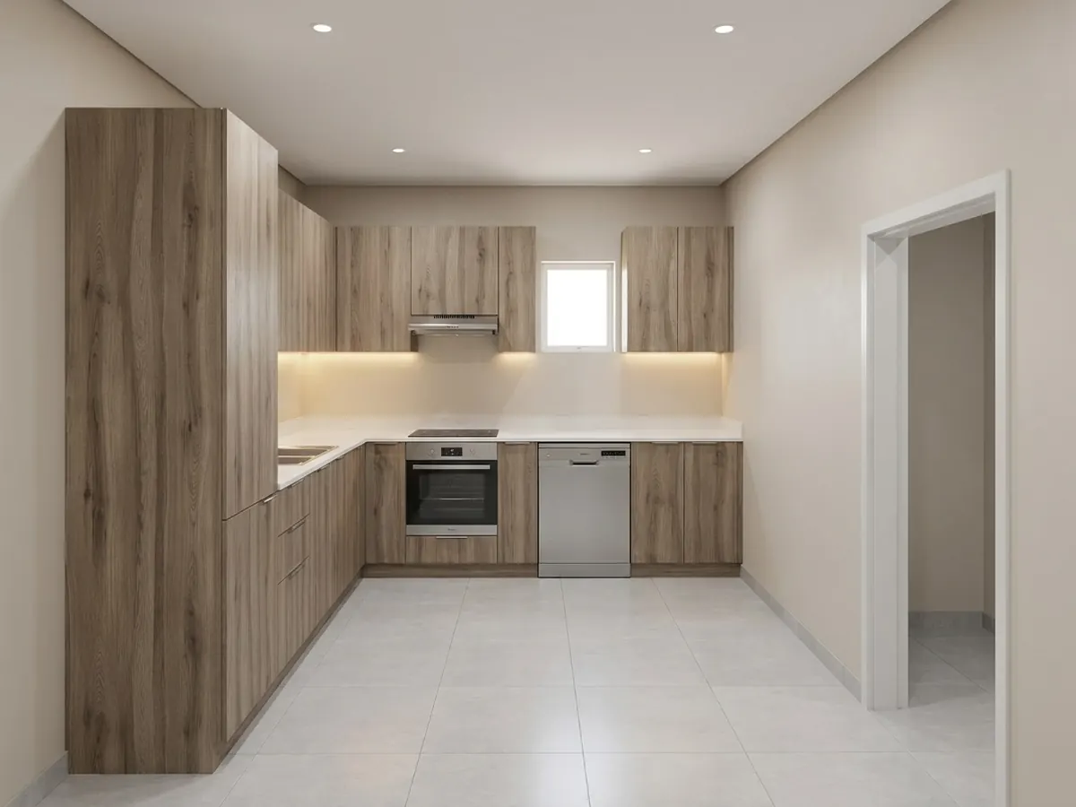 El mismo cuarto con una cocina en L terminada