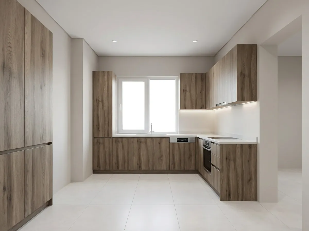 Cocina en L con columna alta