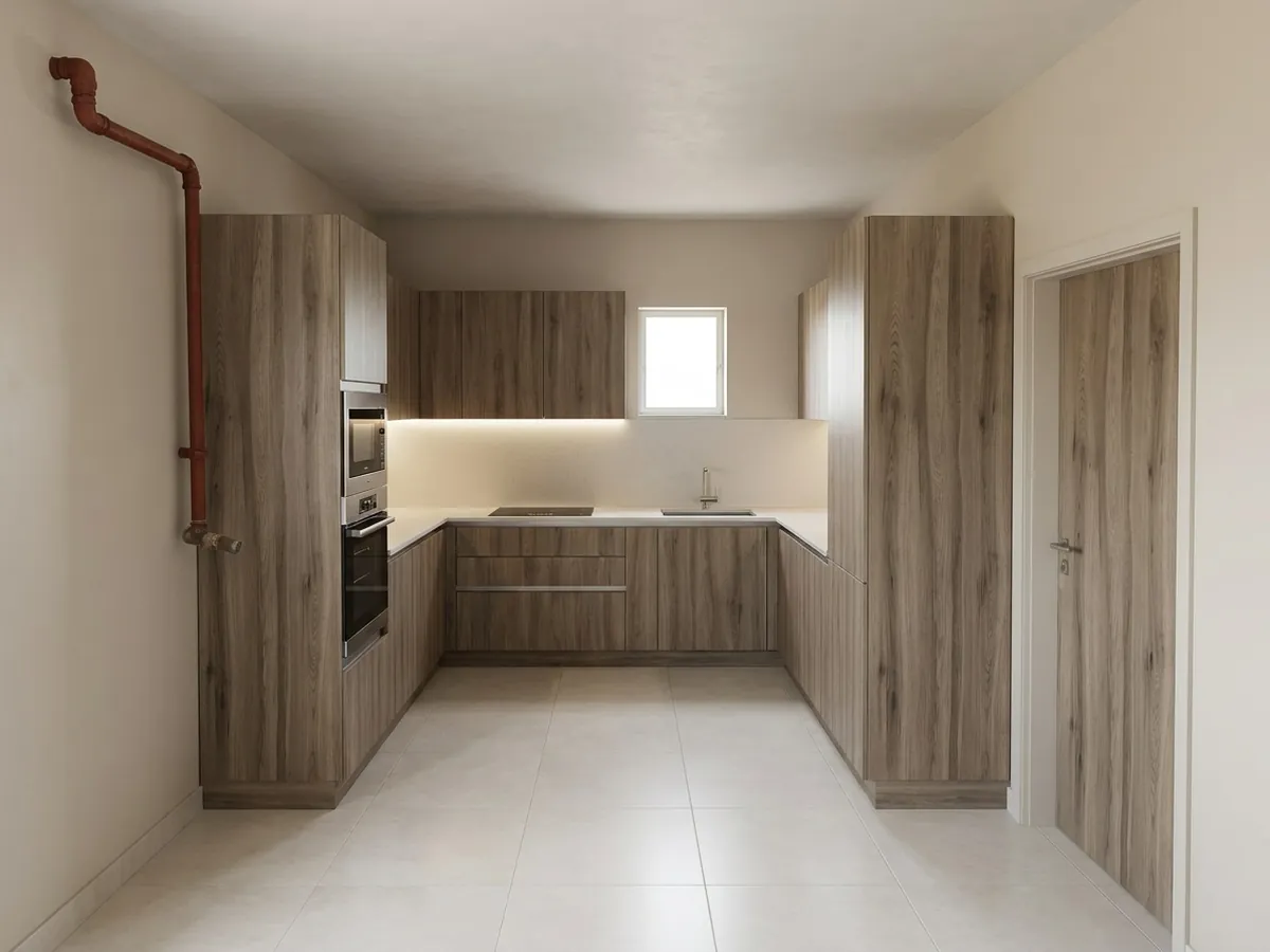 Cocina en U con luz bajo los gabinetes